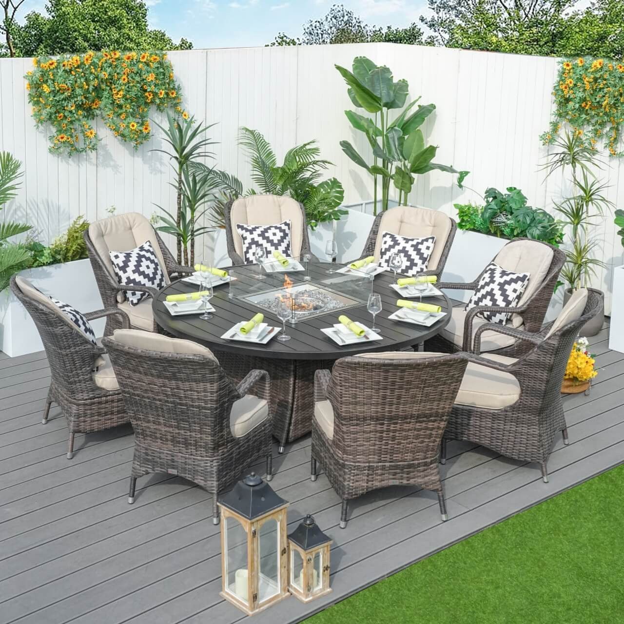 8-Seat Round Fire Pit Set with Aluminium Tabletop & Rattan Chairs