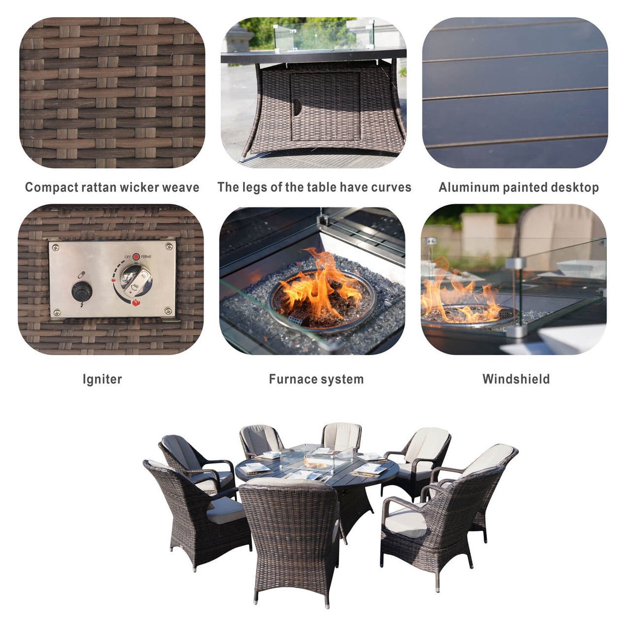 8 - Seater Outdoor Fire Pit Set with Round Table (PAG - 1108A) - Direct Wicker
