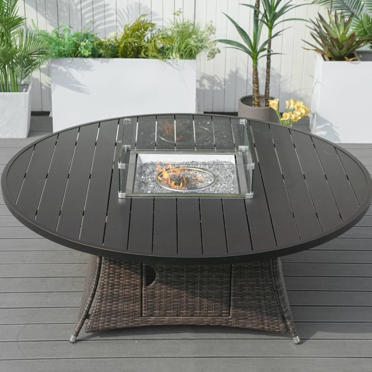 8-Seat Round Fire Pit Set with Aluminium Tabletop & Rattan Chairs