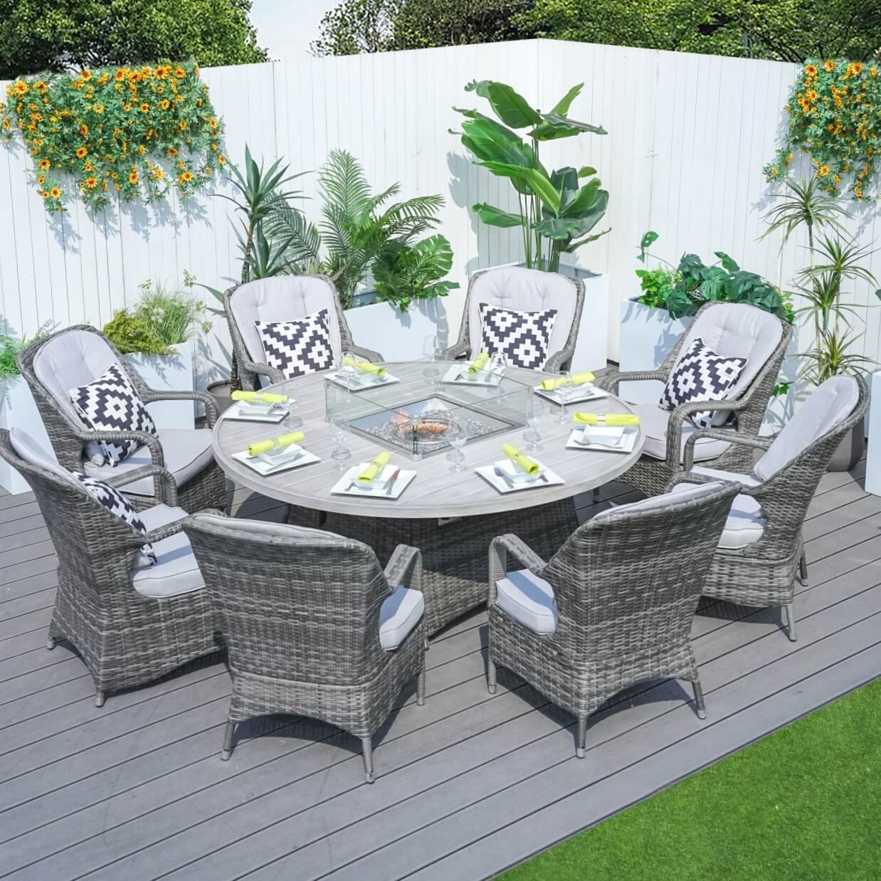 8-Seater Outdoor Fire Pit Set with Round Table (PAG-1108A) - Direct Wicker