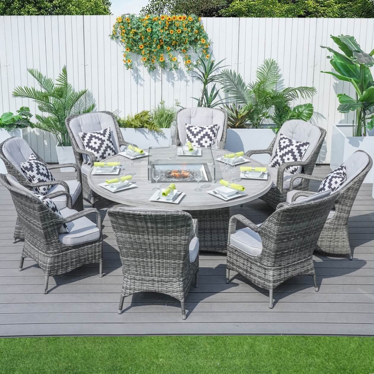 8-Seat Round Fire Pit Set with Aluminium Tabletop & Rattan Chairs