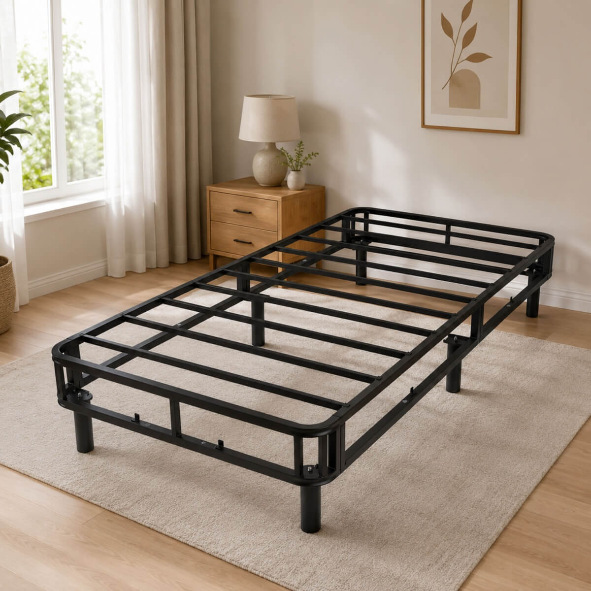 Heavy-Duty Twin XL KD Fabric-Wrapped Platform Bed Frame (PAL-2676-KD-BK-ZJWK)