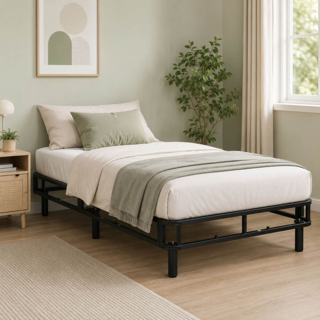 Heavy-Duty Twin XL KD Fabric-Wrapped Platform Bed Frame (PAL-2676-KD-BK-ZJWK)