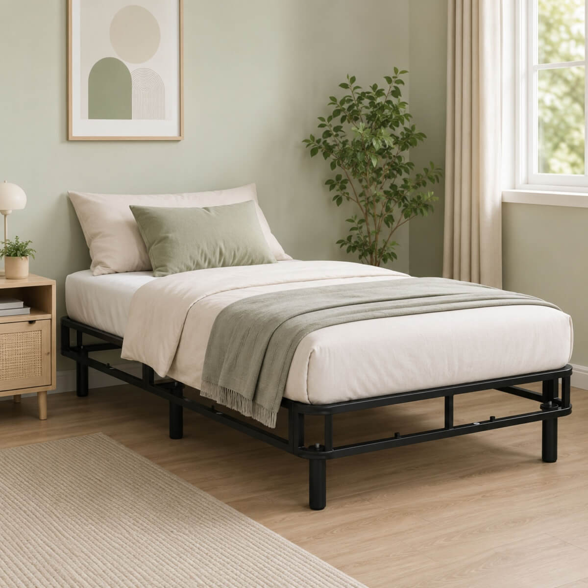Heavy-Duty Twin XL KD Fabric-Wrapped Platform Bed Frame (PAL-2676-KD-BK-ZJWK)