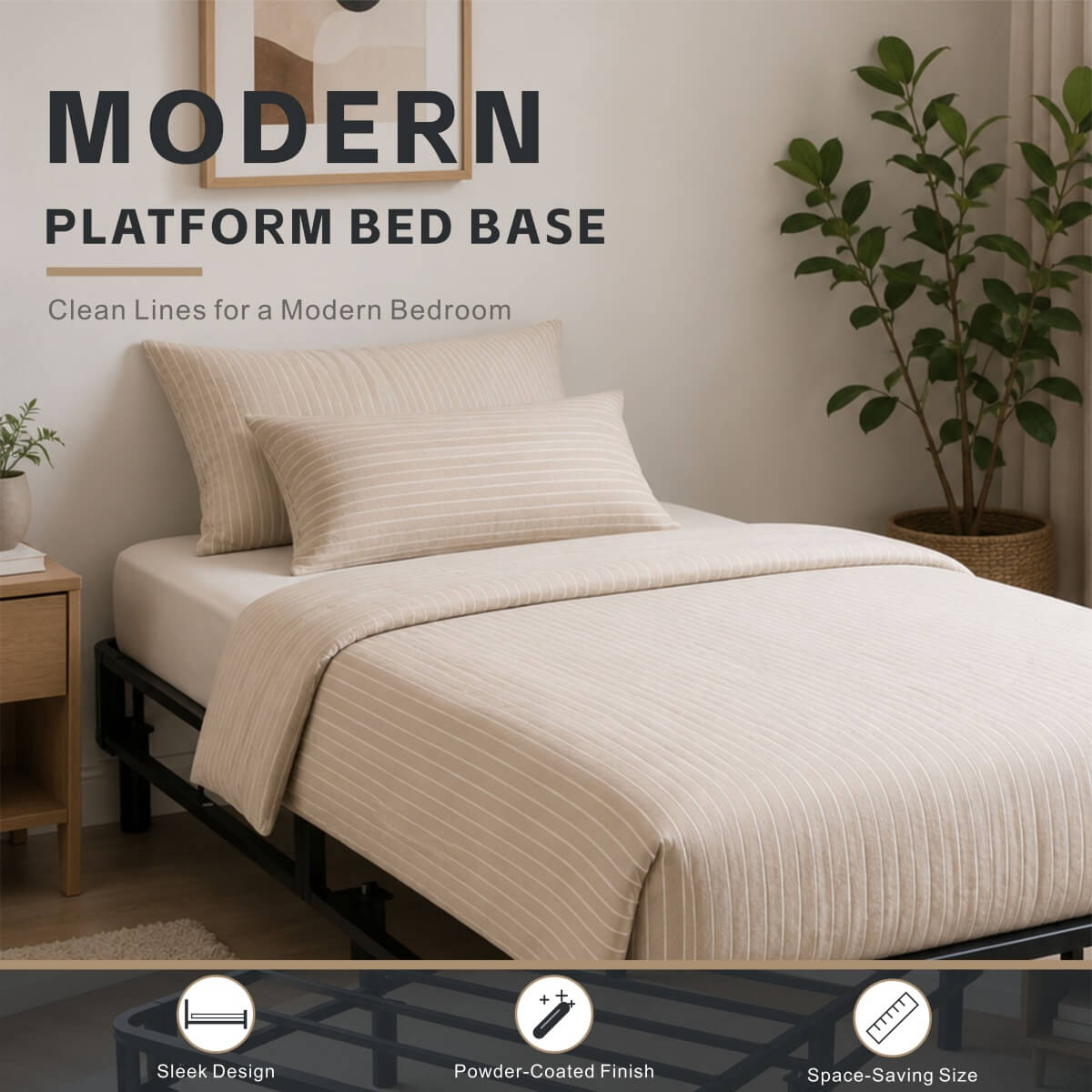 Heavy-Duty Twin XL KD Fabric-Wrapped Platform Bed Frame (PAL-2676-KD-BK-ZJWK)