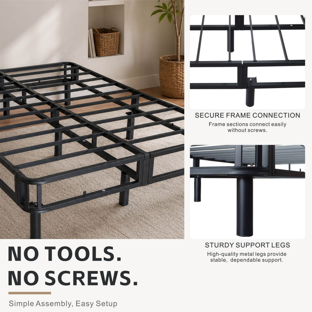 Heavy-Duty Queen KD Fabric-Wrapped Platform Bed Frame (PAL-2678-KD-BK-ZJWK)