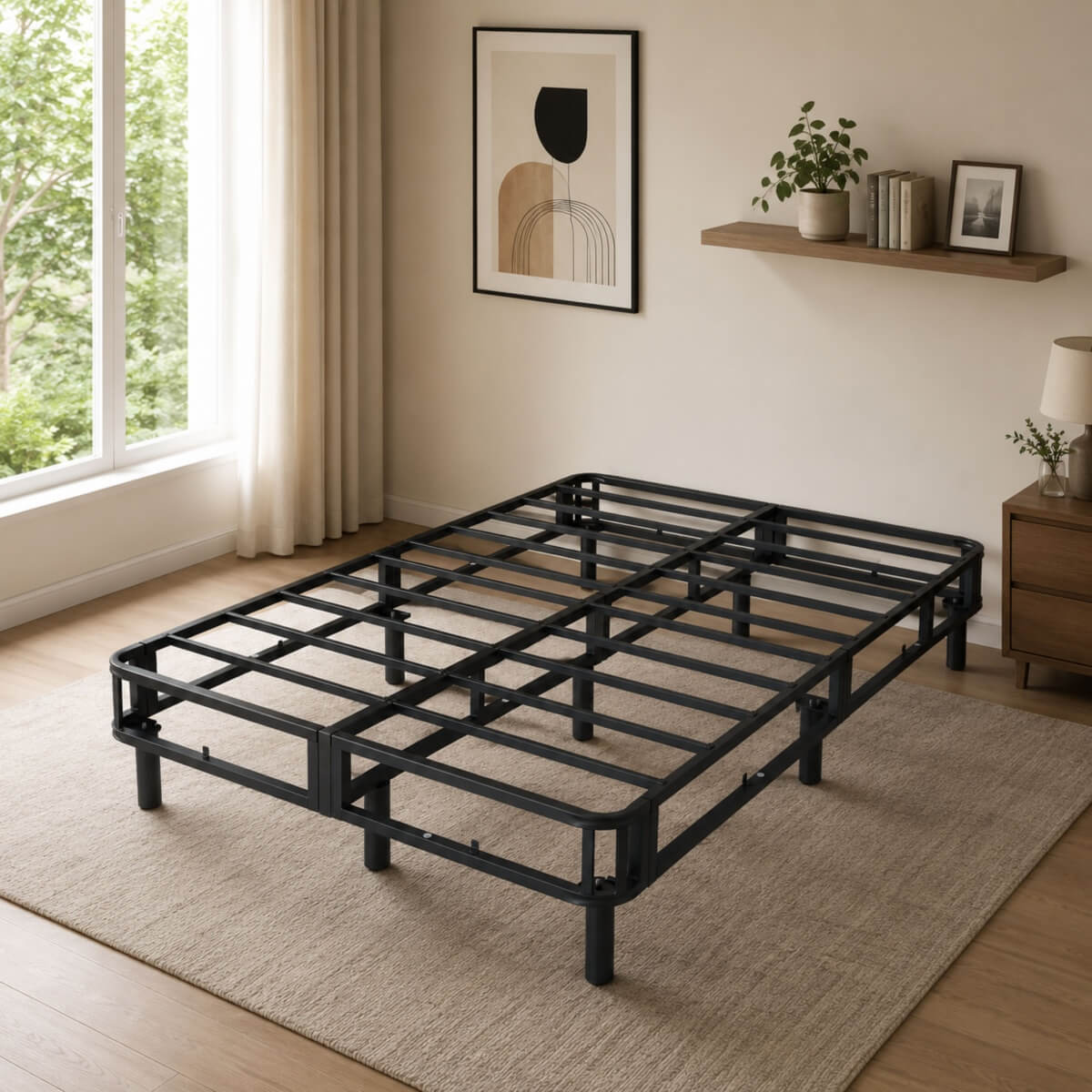 Heavy-Duty Queen KD Fabric-Wrapped Platform Bed Frame (PAL-2678-KD-BK-ZJWK)
