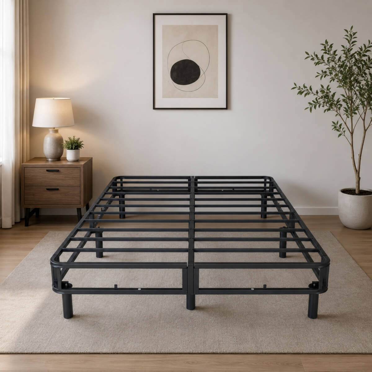 Heavy-Duty Queen KD Fabric-Wrapped Platform Bed Frame (PAL-2678-KD-BK-ZJWK)