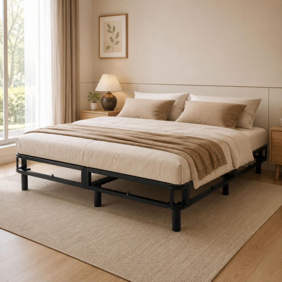 Heavy-Duty Queen KD Fabric-Wrapped Platform Bed Frame (PAL-2678-KD-BK-ZJWK)