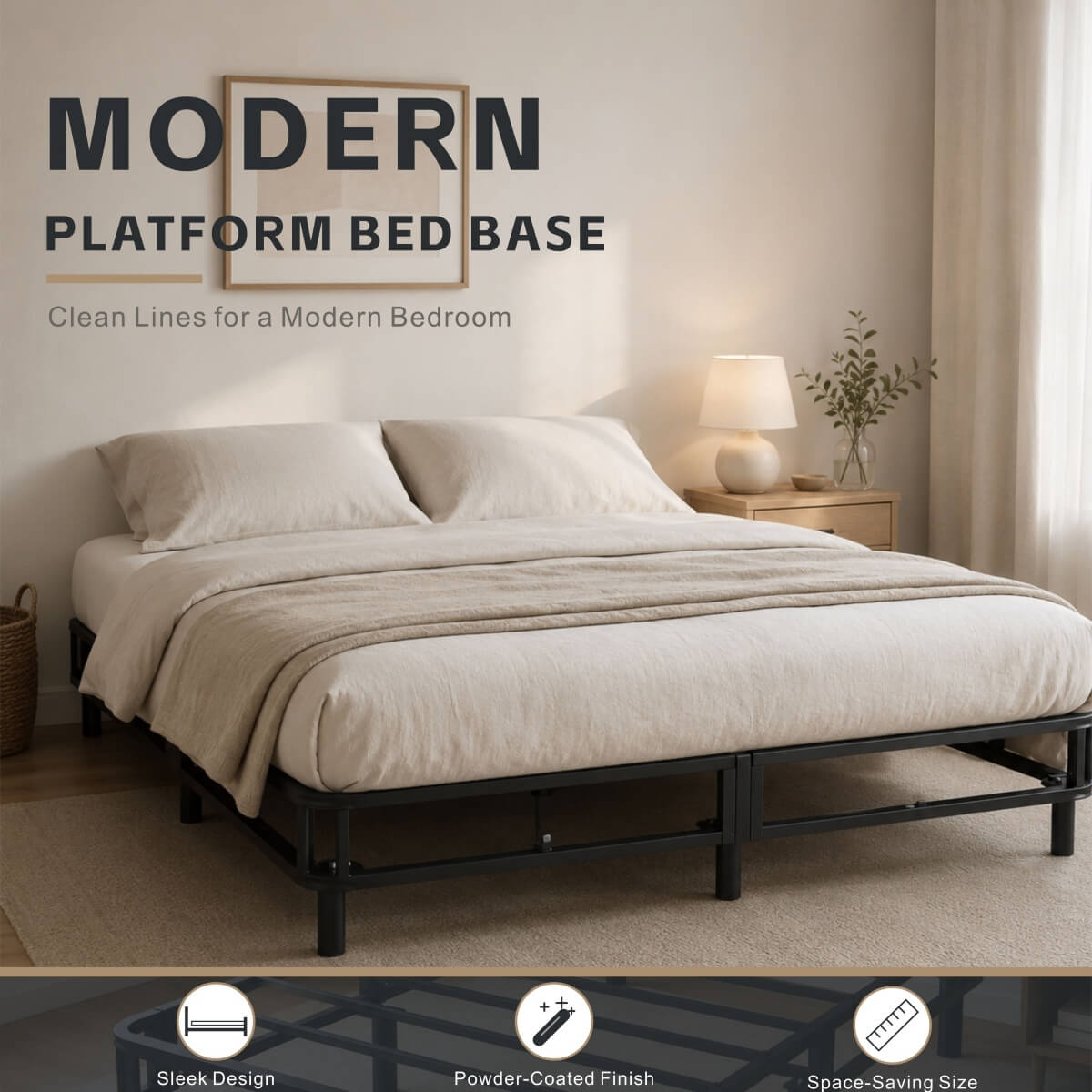 Heavy-Duty Queen KD Fabric-Wrapped Platform Bed Frame (PAL-2678-KD-BK-ZJWK)