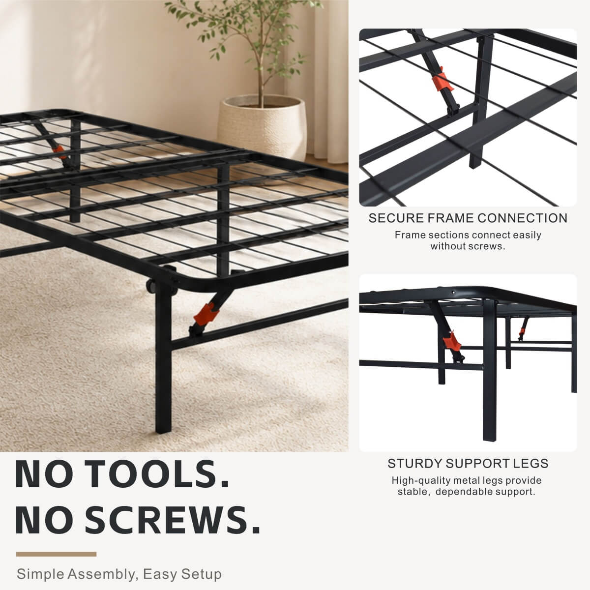 Foldable Twin Size Heavy-Duty Metal Platform Bed Frame (PAL-2679-KD-BK-ZJWK)