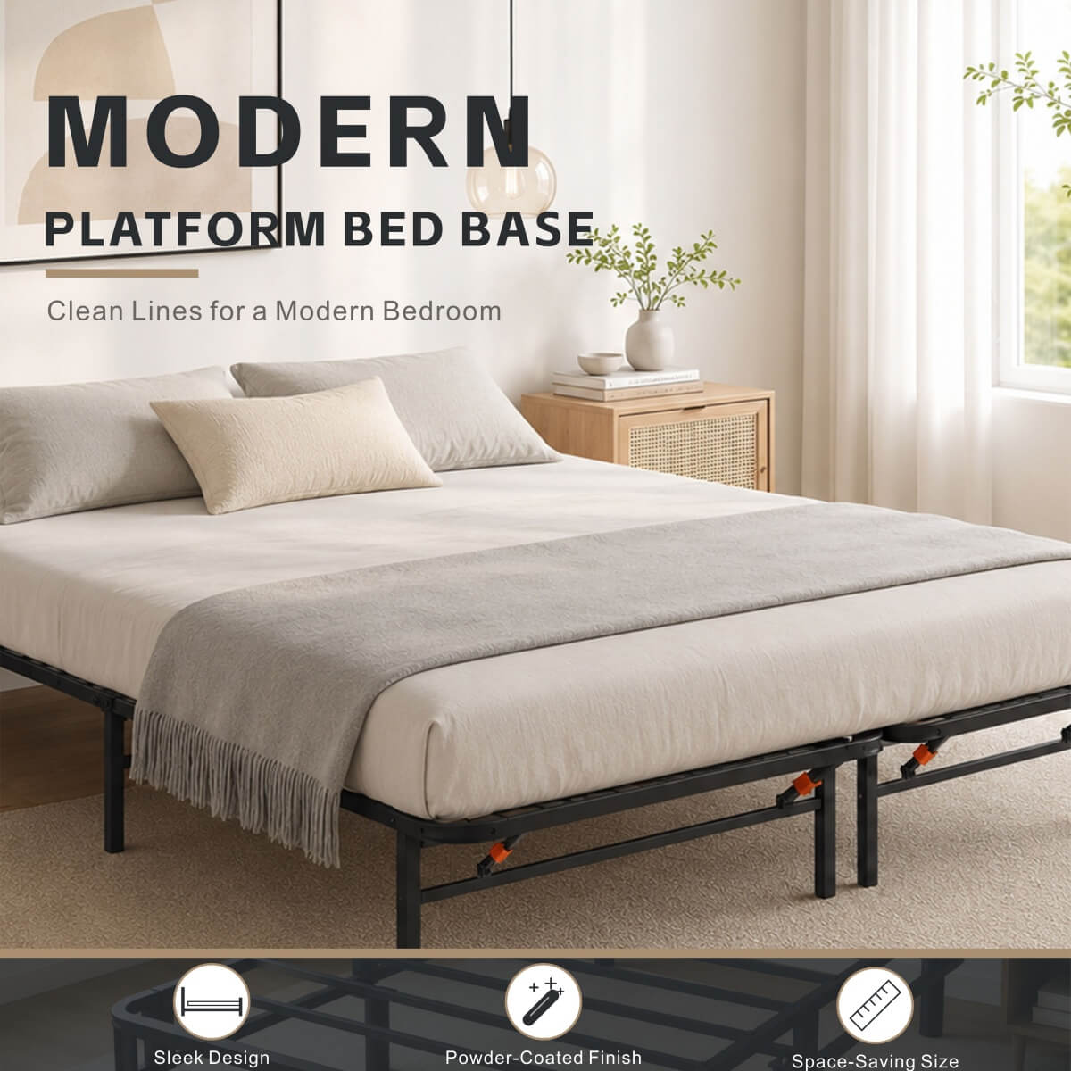 Heavy-Duty Foldable King Size Metal Platform Bed Frame (PAL-2682-KD-BK-ZJWK)