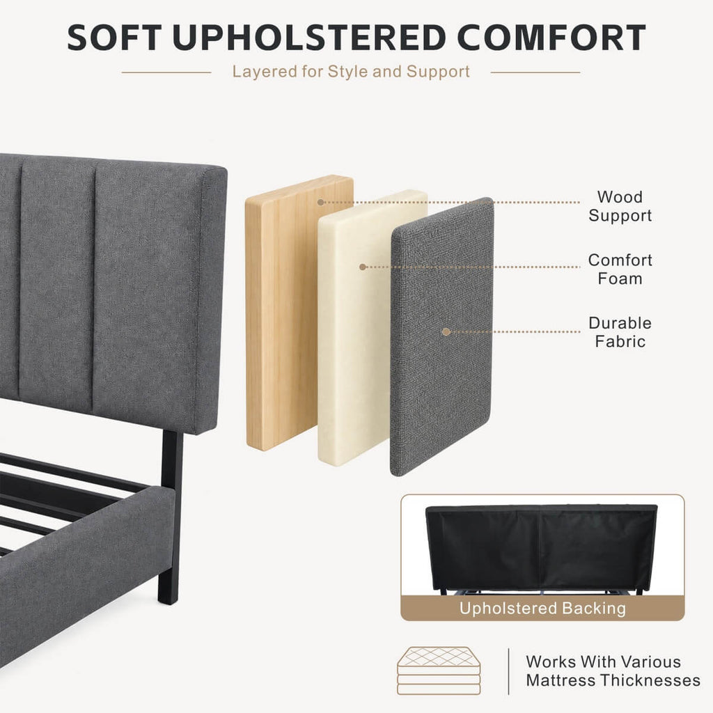 Queen Size Upholstered KD Platform Bed with Heavy-Duty Metal Frame (PAL-2684-KD-BK-ZJWK)