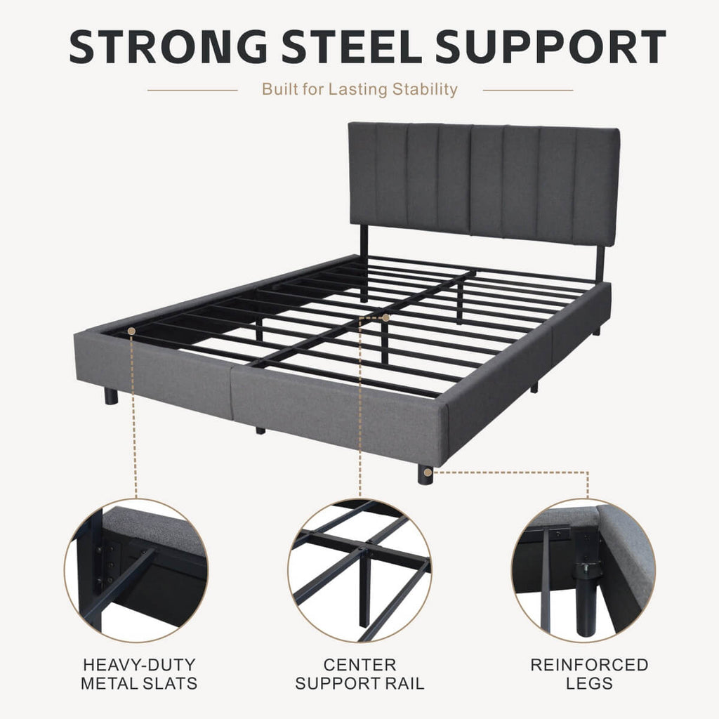Queen Size Upholstered KD Platform Bed with Heavy-Duty Metal Frame (PAL-2684-KD-BK-ZJWK)