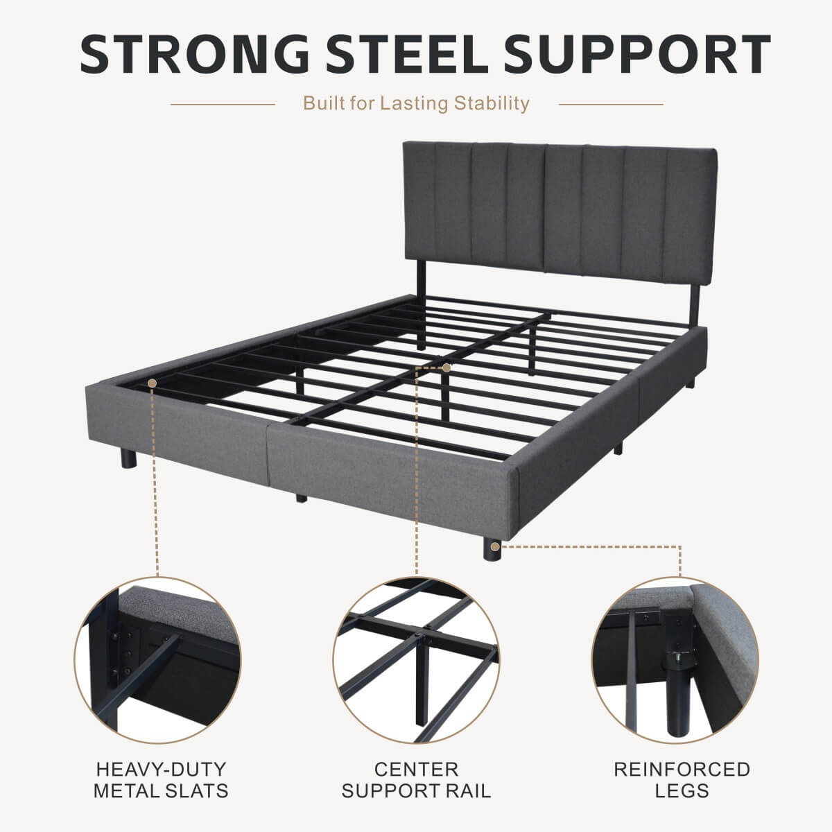 Queen Size Upholstered KD Platform Bed with Heavy-Duty Metal Frame (PAL-2684-KD-BK-ZJWK)