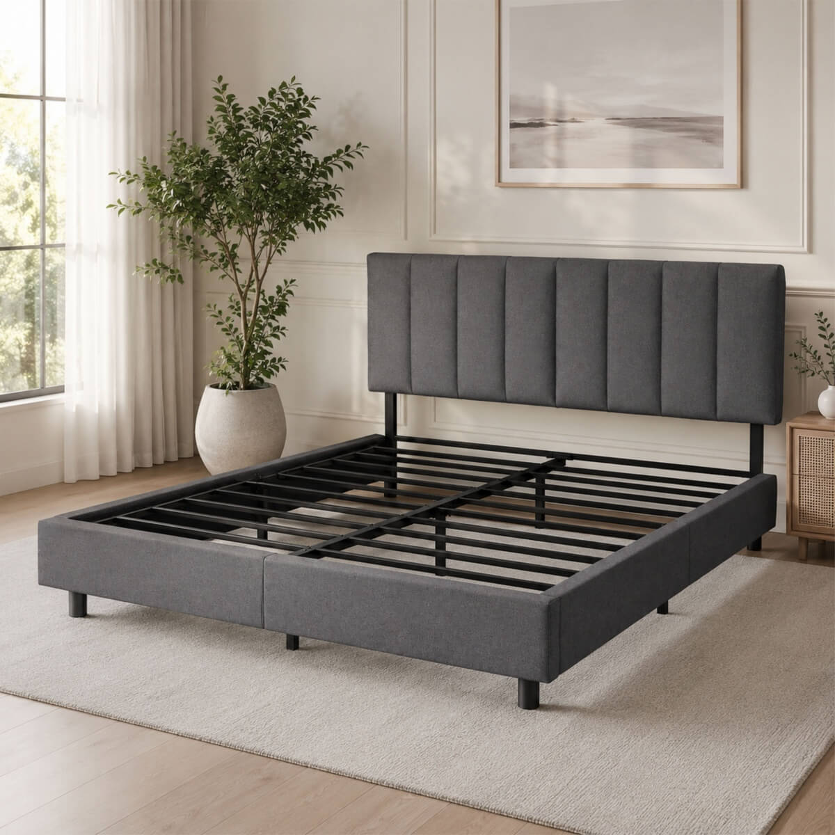 Queen Size Upholstered KD Platform Bed with Heavy-Duty Metal Frame (PAL-2684-KD-BK-ZJWK)