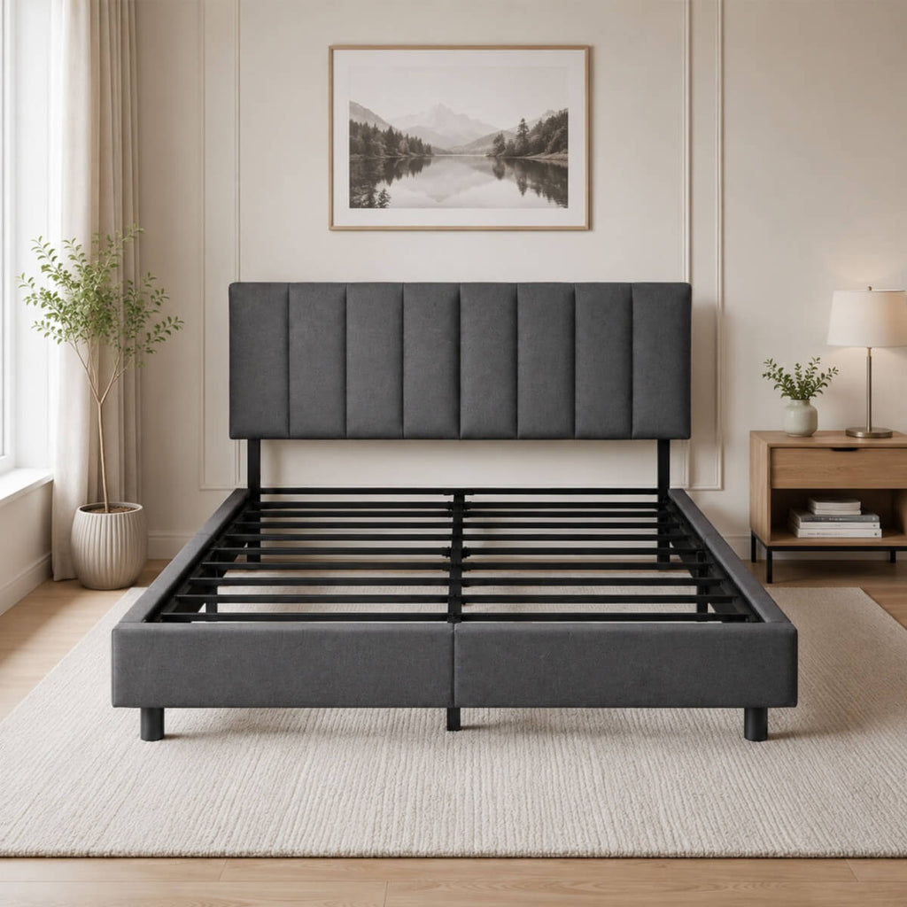 Queen Size Upholstered KD Platform Bed with Heavy-Duty Metal Frame (PAL-2684-KD-BK-ZJWK)