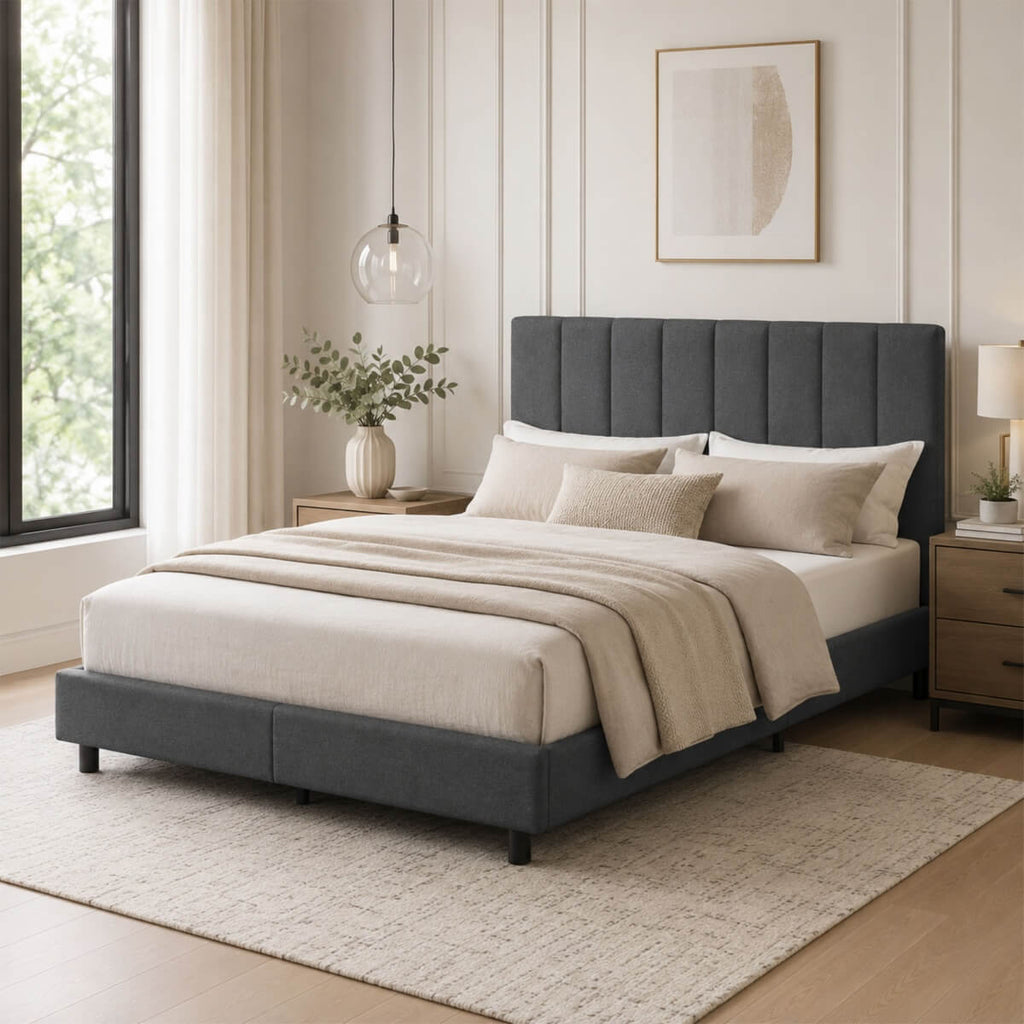 Queen Size Upholstered KD Platform Bed with Heavy-Duty Metal Frame (PAL-2684-KD-BK-ZJWK)