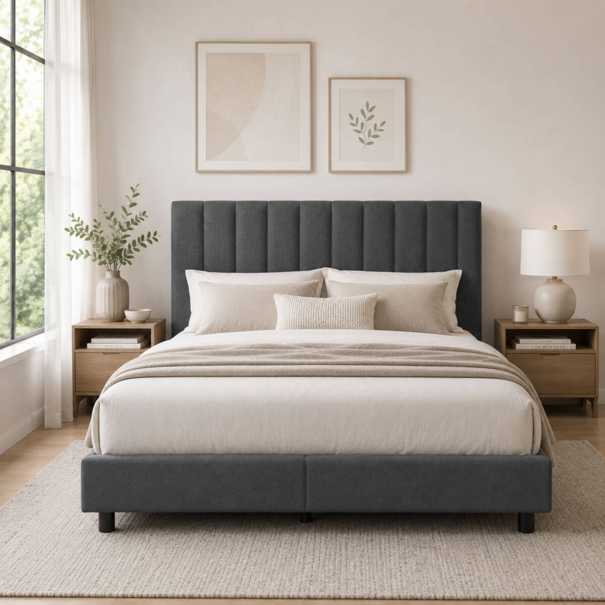 Queen Size Upholstered KD Platform Bed with Heavy-Duty Metal Frame (PAL-2684-KD-BK-ZJWK)