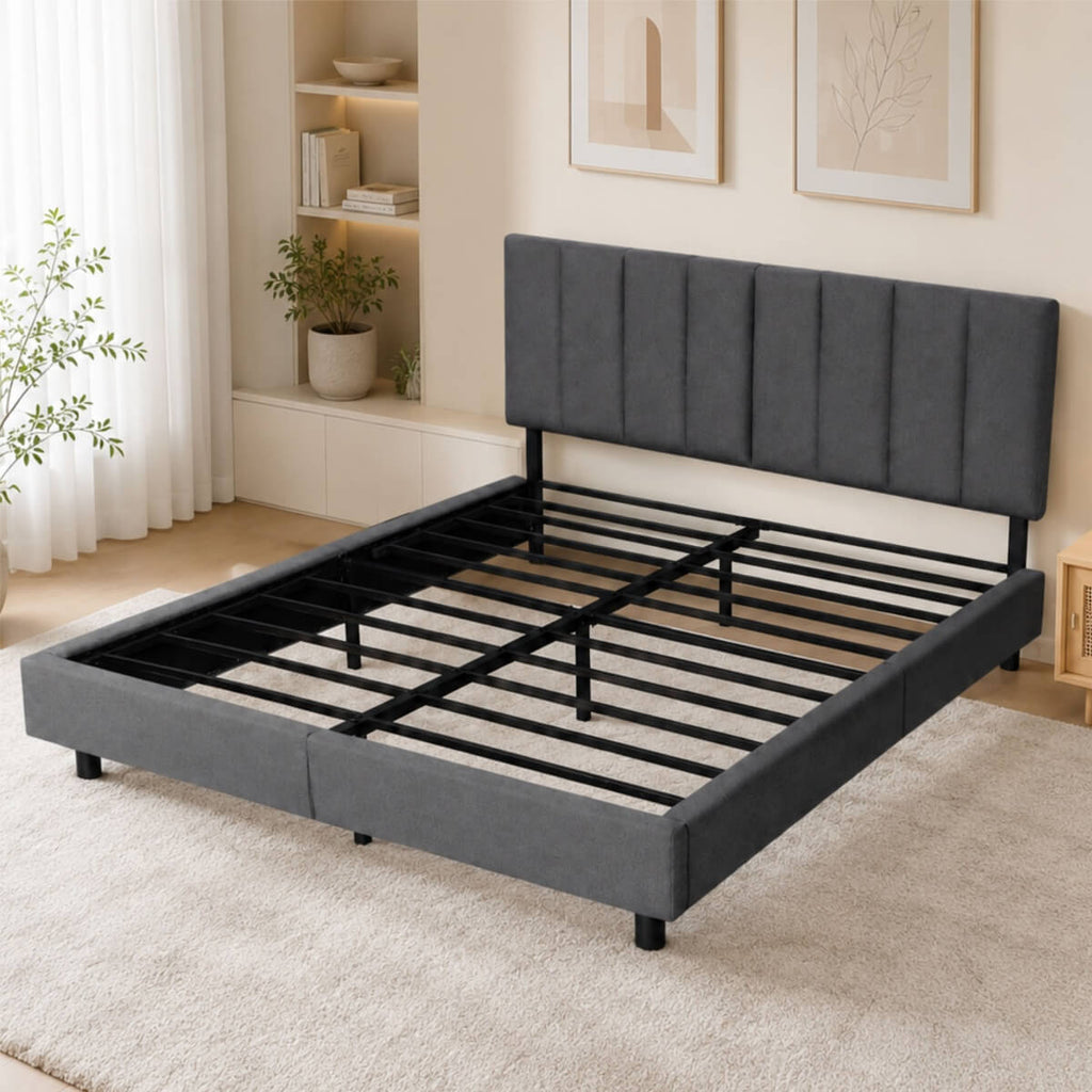Queen Size Upholstered KD Platform Bed with Heavy-Duty Metal Frame (PAL-2684-KD-BK-ZJWK)
