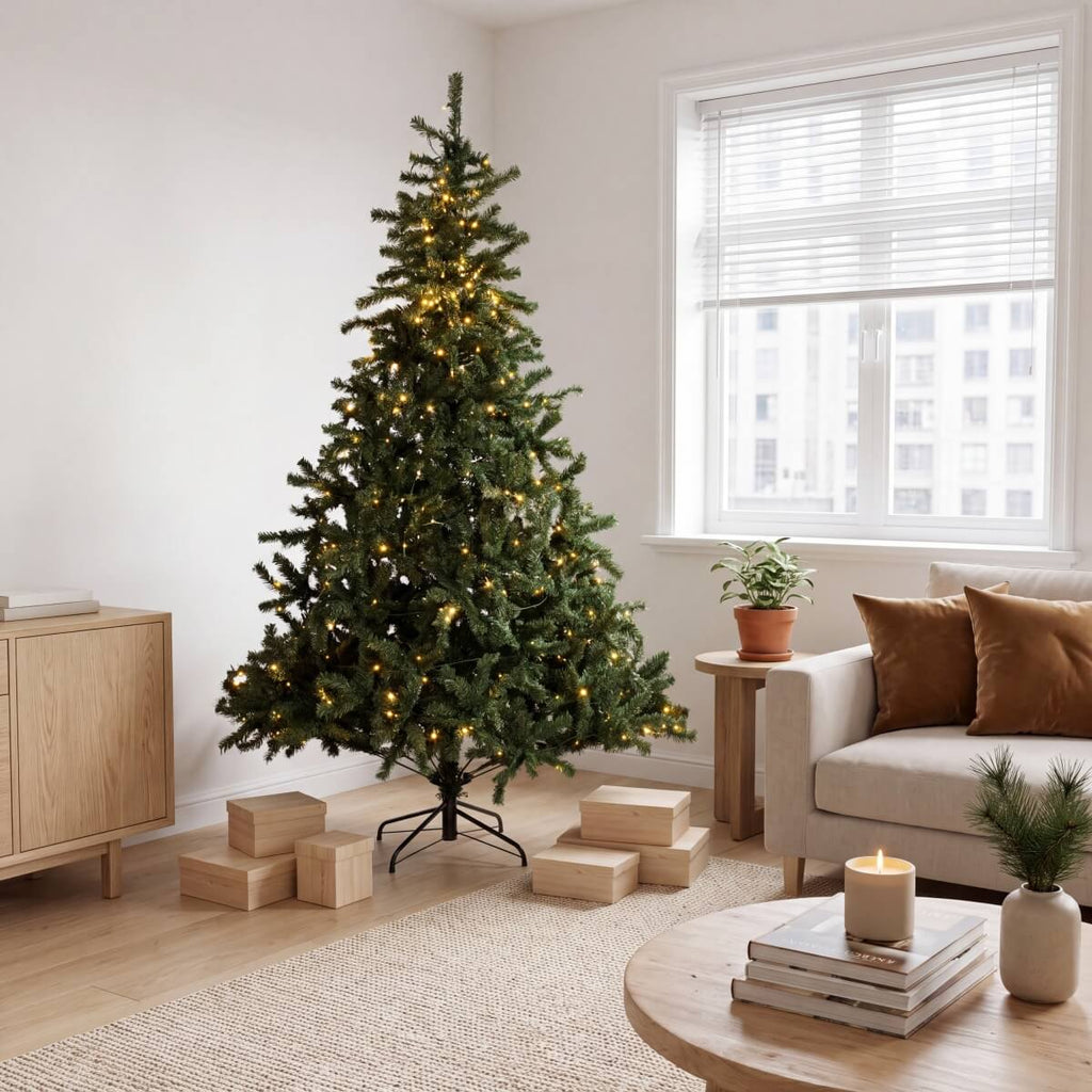Classic Pre-Lit Artificial Christmas Tree with Warm White LED Lights, 8 Lighting Modes, Full PVC Branches &amp; Metal Stand – 6 FT, 7 FT &amp; 8 FT