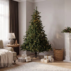 Classic Pre-Lit Artificial Christmas Tree with Warm White LED Lights, 8 Lighting Modes, Full PVC Branches &amp; Metal Stand – 6 FT, 7 FT &amp; 8 FT