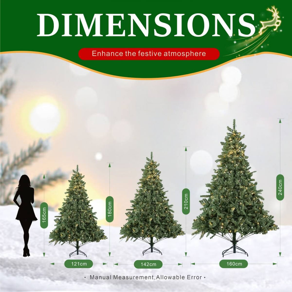Classic Pre-Lit Artificial Christmas Tree with Warm White LED Lights, 8 Lighting Modes, Full PVC Branches &amp; Metal Stand – 6 FT, 7 FT &amp; 8 FT