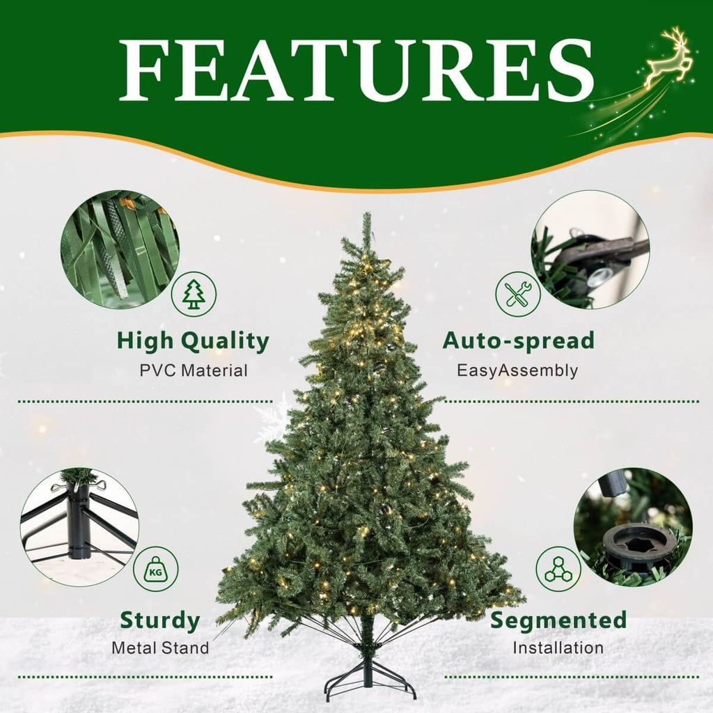 Classic Pre-Lit Artificial Christmas Tree with Warm White LED Lights, 8 Lighting Modes, Full PVC Branches &amp; Metal Stand – 6 FT, 7 FT &amp; 8 FT