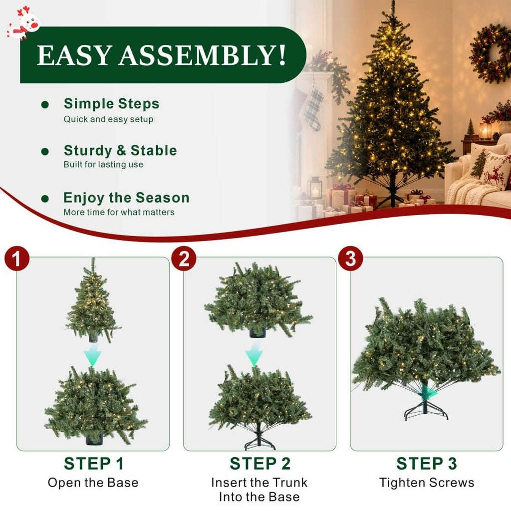 Classic Pre-Lit Artificial Christmas Tree with Warm White LED Lights, 8 Lighting Modes, Full PVC Branches &amp; Metal Stand – 6 FT, 7 FT &amp; 8 FT