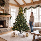 Classic Pre-Lit Artificial Christmas Tree with Warm White LED Lights, 8 Lighting Modes, Full PVC Branches &amp; Metal Stand – 6 FT, 7 FT &amp; 8 FT