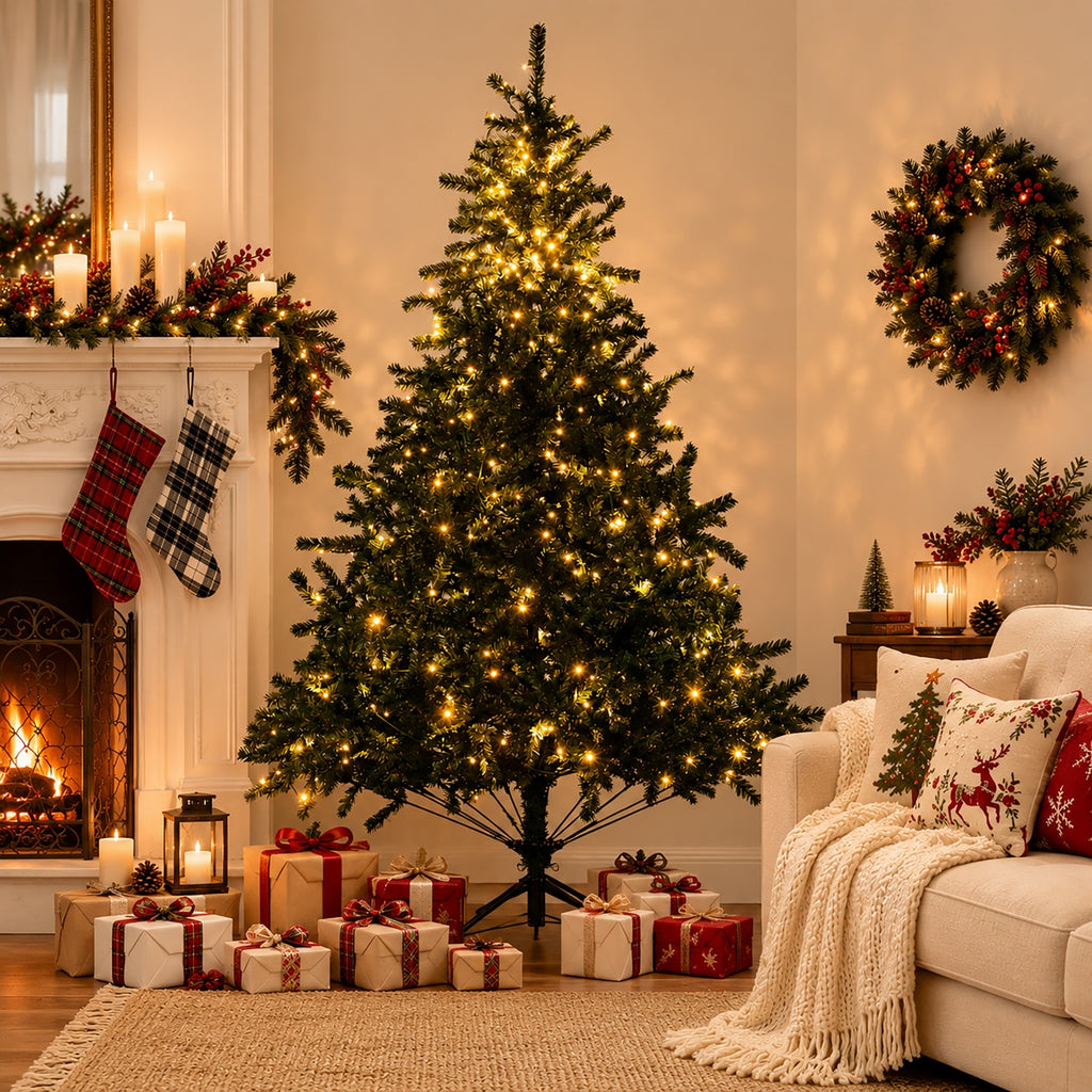 Classic Pre-Lit Artificial Christmas Tree with Warm White LED Lights, 8 Lighting Modes, Full PVC Branches &amp; Metal Stand – 6 FT, 7 FT &amp; 8 FT