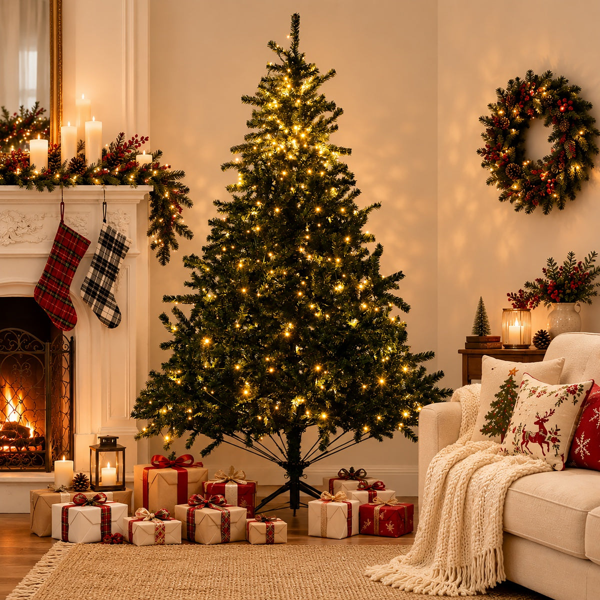 Classic Pre-Lit Artificial Christmas Tree with Warm White LED Lights, 8 Lighting Modes, Full PVC Branches &amp; Metal Stand – 6 FT, 7 FT &amp; 8 FT