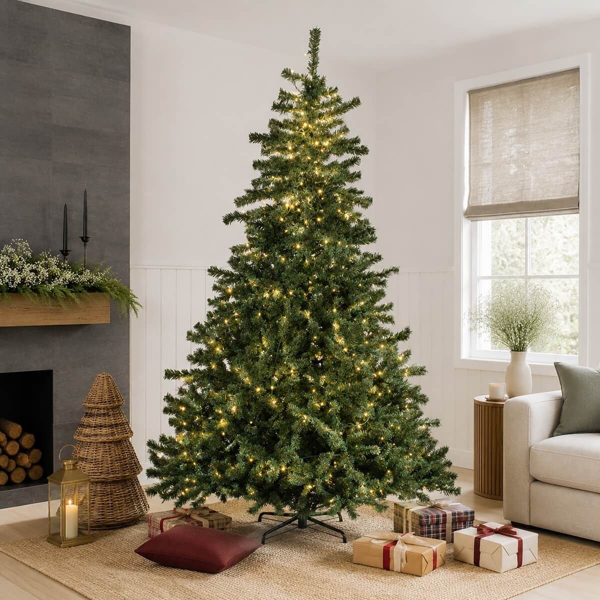 Classic Pre-Lit Artificial Christmas Tree with Warm White LED Lights, 8 Lighting Modes, Full PVC Branches &amp; Metal Stand – 6 FT, 7 FT &amp; 8 FT