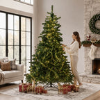 Classic Pre-Lit Artificial Christmas Tree with Warm White LED Lights, 8 Lighting Modes, Full PVC Branches &amp; Metal Stand – 6 FT, 7 FT &amp; 8 FT