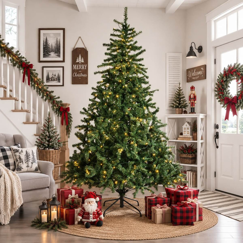 Classic Pre-Lit Artificial Christmas Tree with Warm White LED Lights, 8 Lighting Modes, Full PVC Branches &amp; Metal Stand – 6 FT, 7 FT &amp; 8 FT