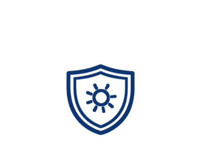 Blue shield icon with a central sun symbol on a transparent background