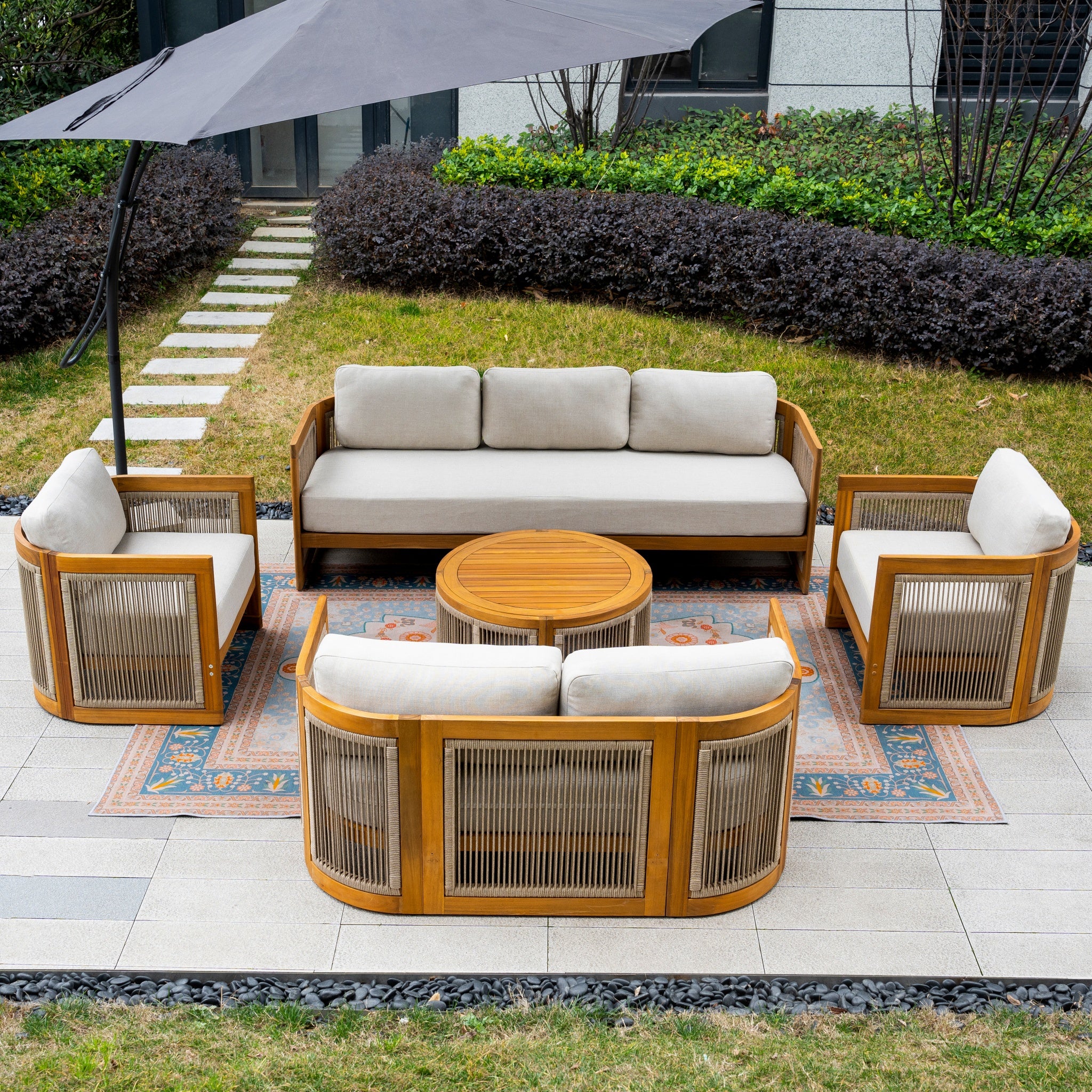 Solid Wood 7-Seater Sofa Set with Round Coffee Table (PAS-2515-3SS+2SS+SSx2+RTA)