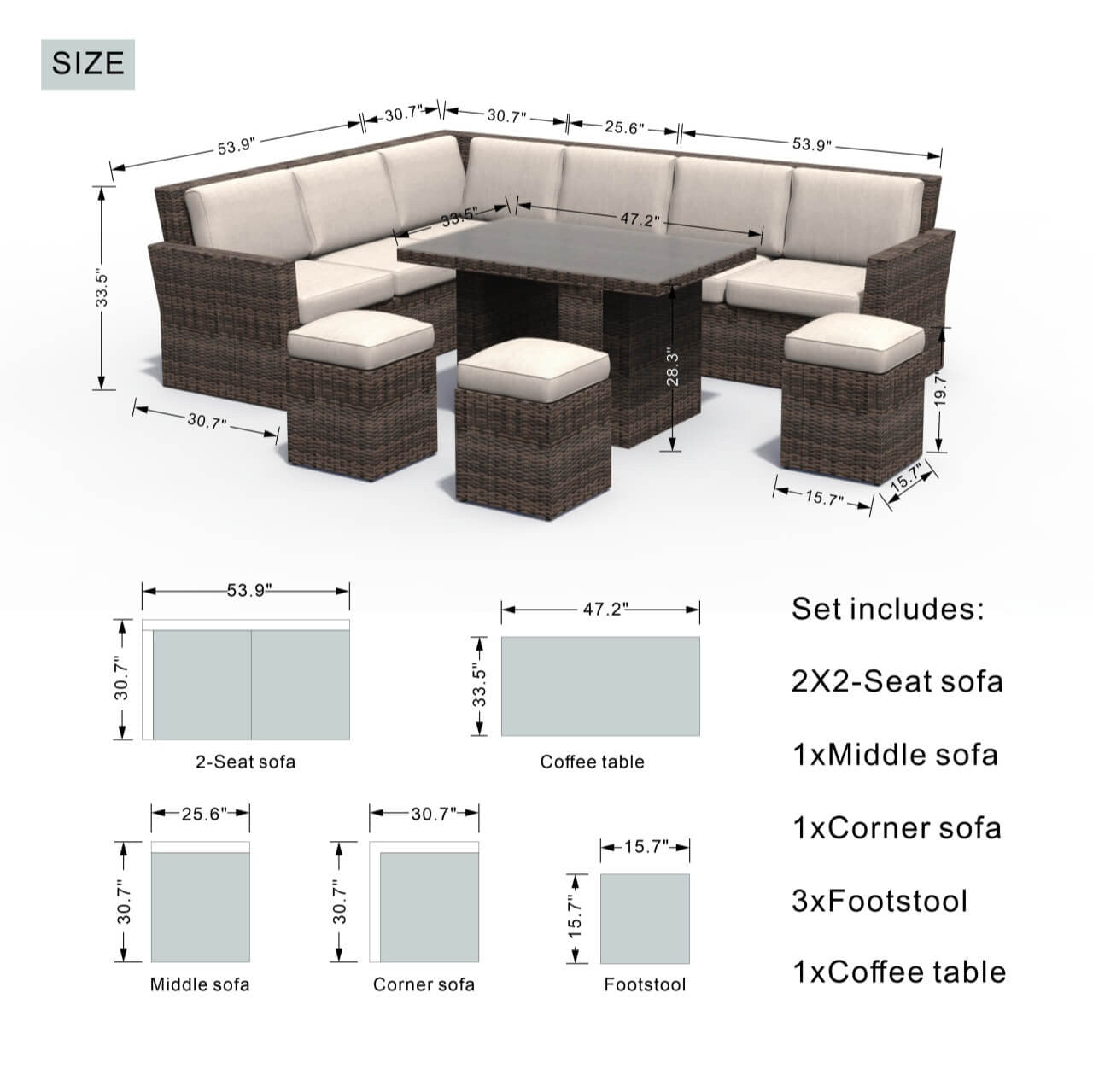 Size of Direct Wicker 8-Piece Patio Seating Sofa Set