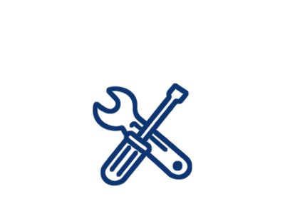 Blue icon of a wrench and screwdriver crossed on a transparent background