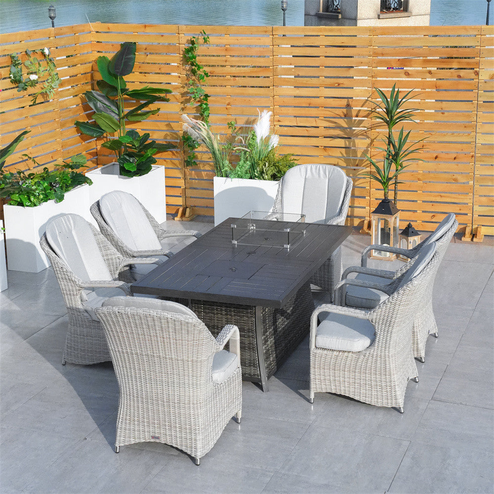 6-Seat Outdoor Fire Pit Dining Set-Rectangle Fire Pit Table (PAG-1106RA+009HL) - Direct Wicker