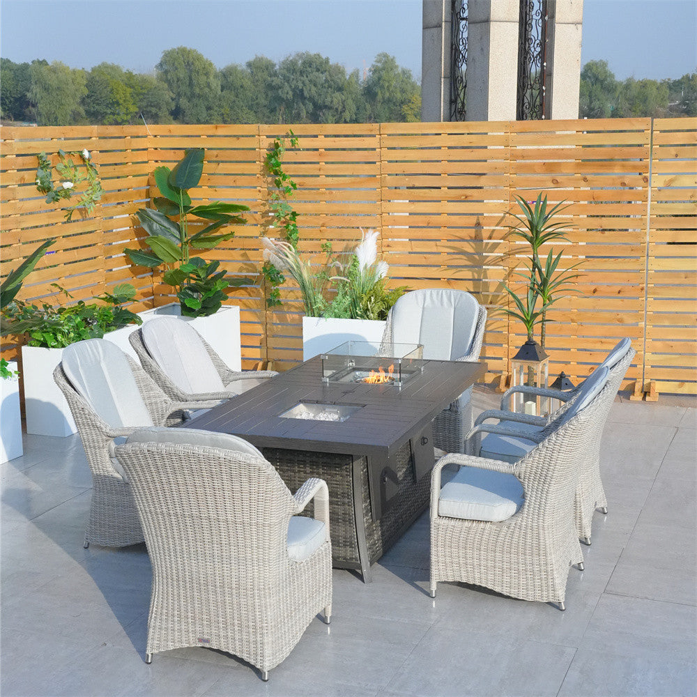 6-Seat Outdoor Fire Pit Dining Set-Rectangle Fire Pit Table (PAG-1106RA+009HL) - Direct Wicker