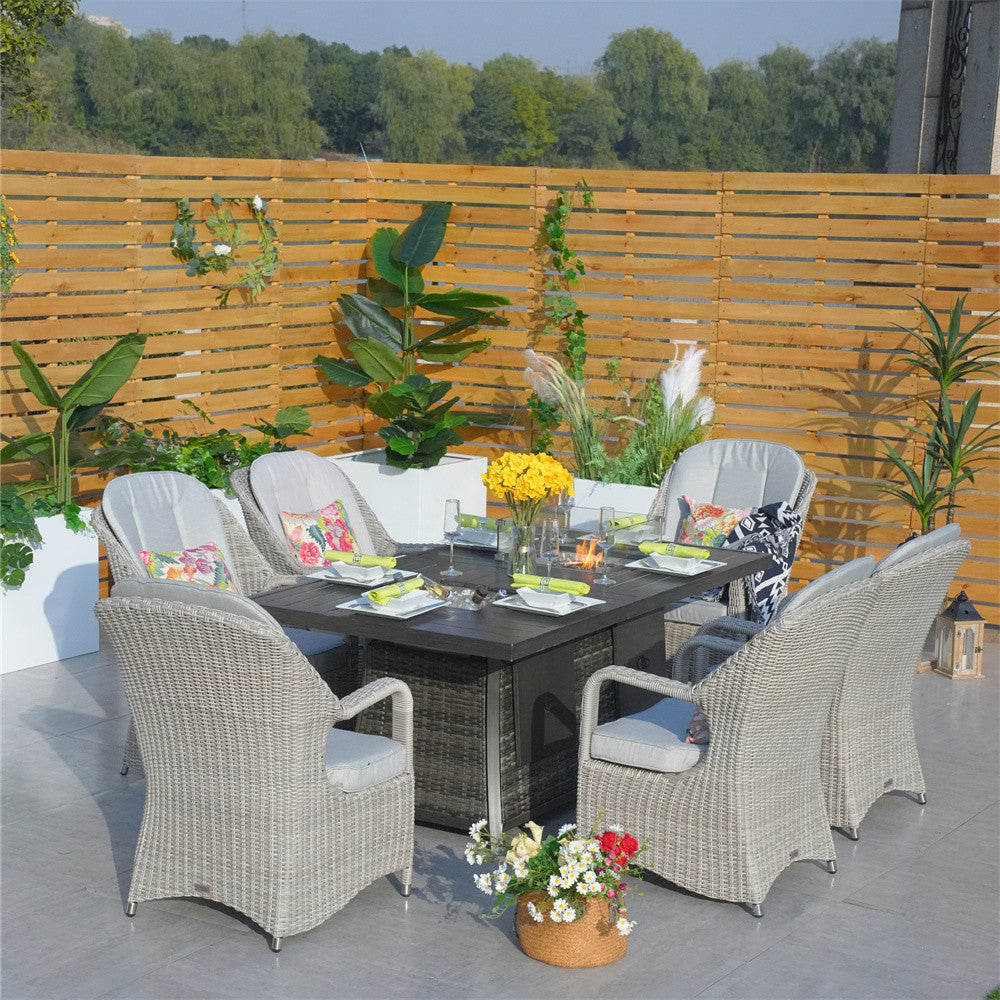 6-Seat Outdoor Fire Pit Dining Set-Rectangle Fire Pit Table (PAG-1106RA+009HL) - Direct Wicker