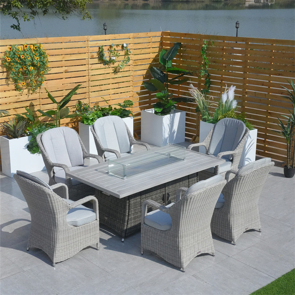 6-Seat Outdoor Fire Pit Dining Set-Rectangle Fire Pit Table (PAG-1106RA+009HL) - Direct Wicker