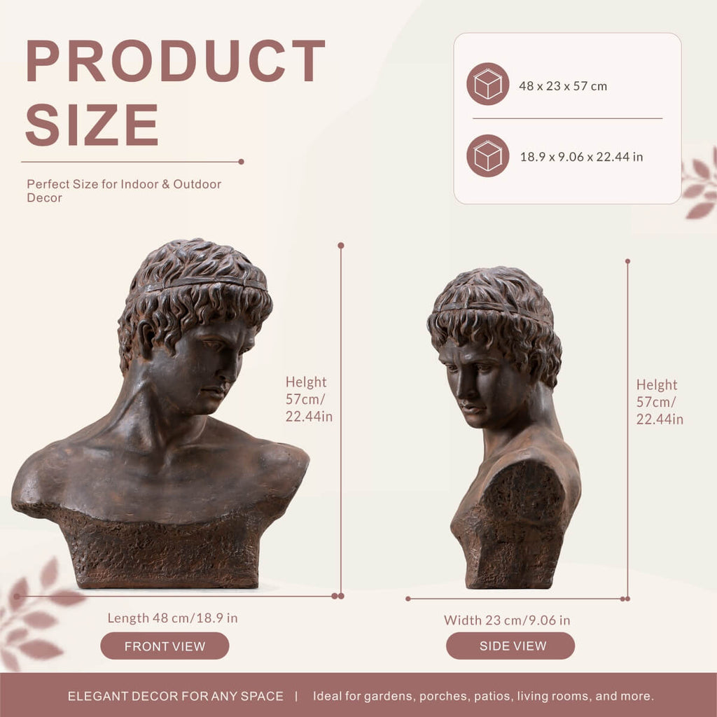 Classical Male Bust Magnesium Oxide Sculpture with Antique Rust Finish (GS-2603-BR-QZYY) - Direct Wicker