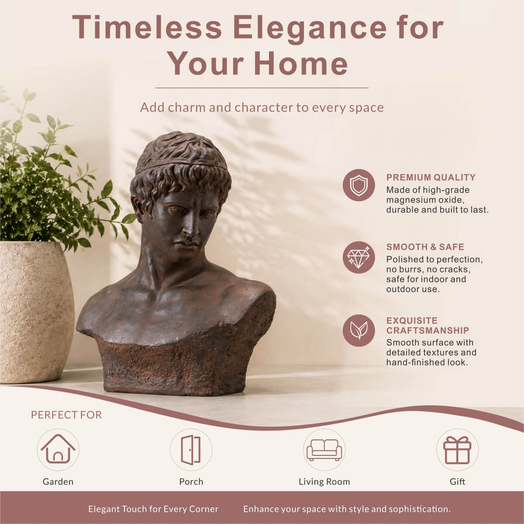Classical Male Bust Magnesium Oxide Sculpture with Antique Rust Finish (GS-2603-BR-QZYY) - Direct Wicker