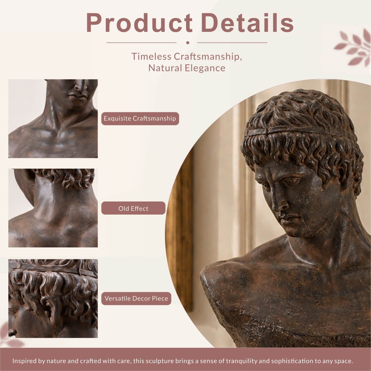 Classical Male Bust Magnesium Oxide Sculpture with Antique Rust Finish (GS-2603-BR-QZYY) - Direct Wicker