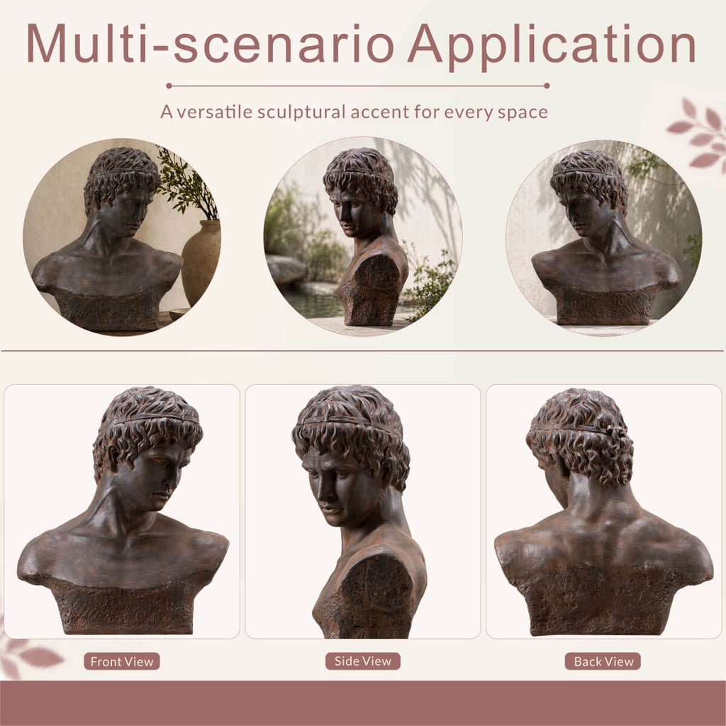 Classical Male Bust Magnesium Oxide Sculpture with Antique Rust Finish (GS-2603-BR-QZYY) - Direct Wicker