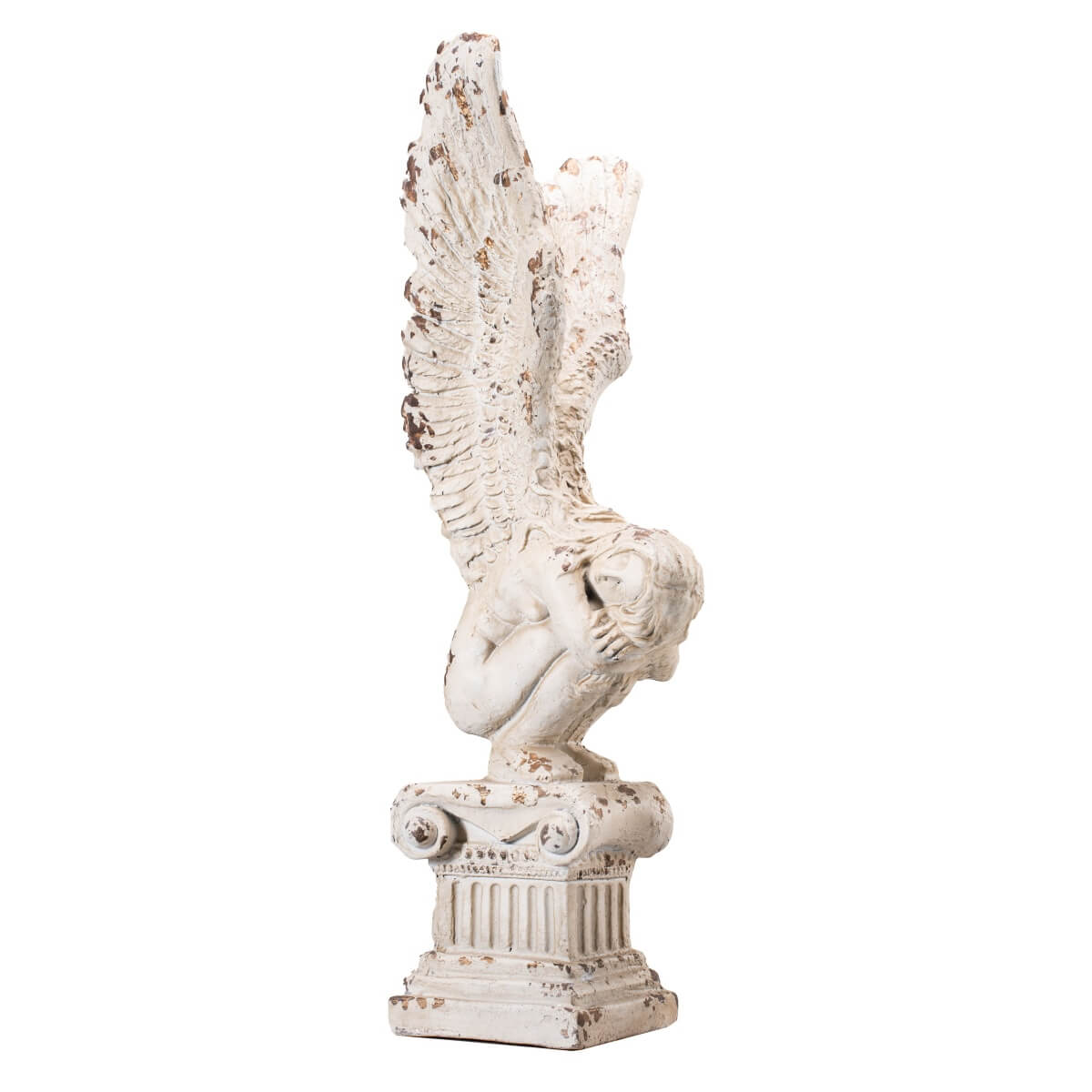 Kneeling Winged Angel on Classical Column Magnesium Oxide Sculpture (GS-2605-WH-QZYY) - Direct Wicker