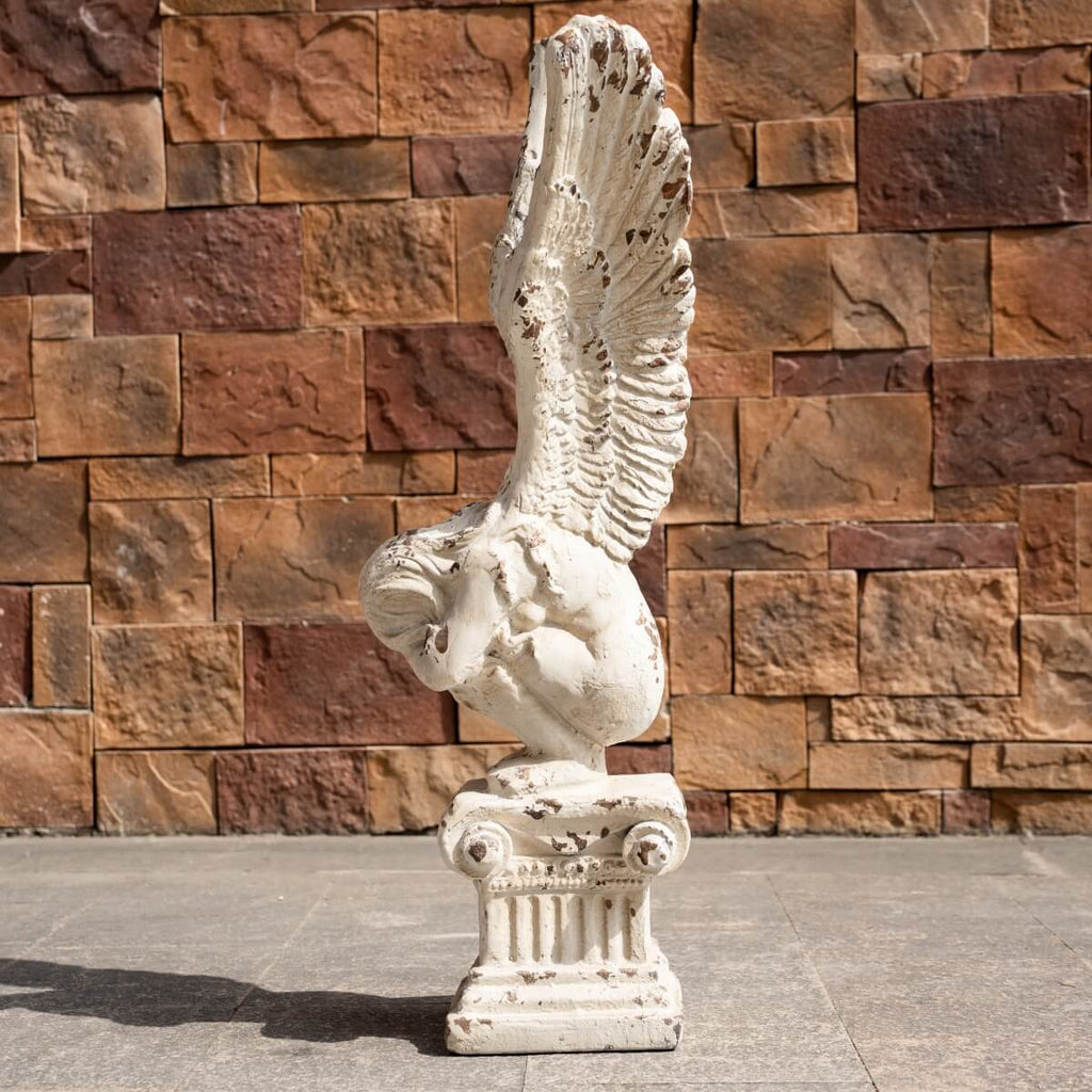 Kneeling Winged Angel on Classical Column Magnesium Oxide Sculpture (GS-2605-WH-QZYY) - Direct Wicker