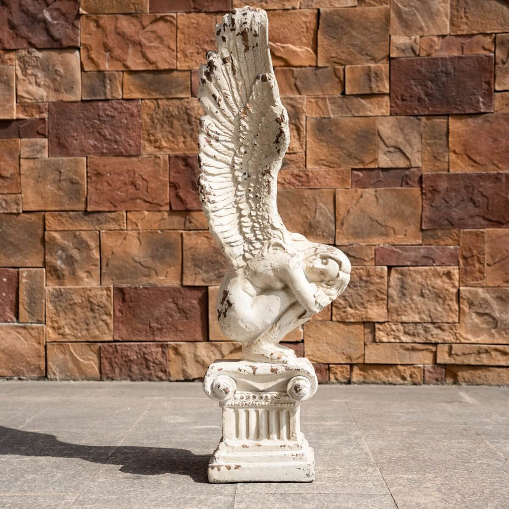 Kneeling Winged Angel on Classical Column Magnesium Oxide Sculpture (GS-2605-WH-QZYY) - Direct Wicker
